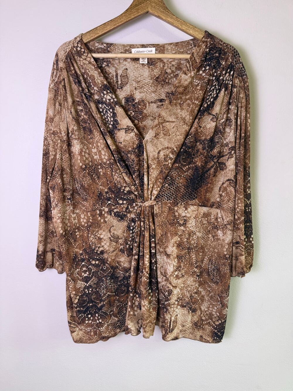 Coldwater Creek 2X Brown Abstract V Neck Knot Front 3/4 Sleeve Tunic Top